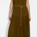 Maya Belt in Nugget braided leather tied at the waist of the olive Livia Maxi Dress