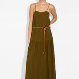 Model wearing the Maya Belt in Nugget over the olive Livia Maxi Dress